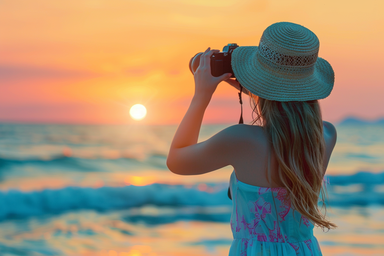 Image gratuite Fille photographiant un coucher de soleil tropical 7