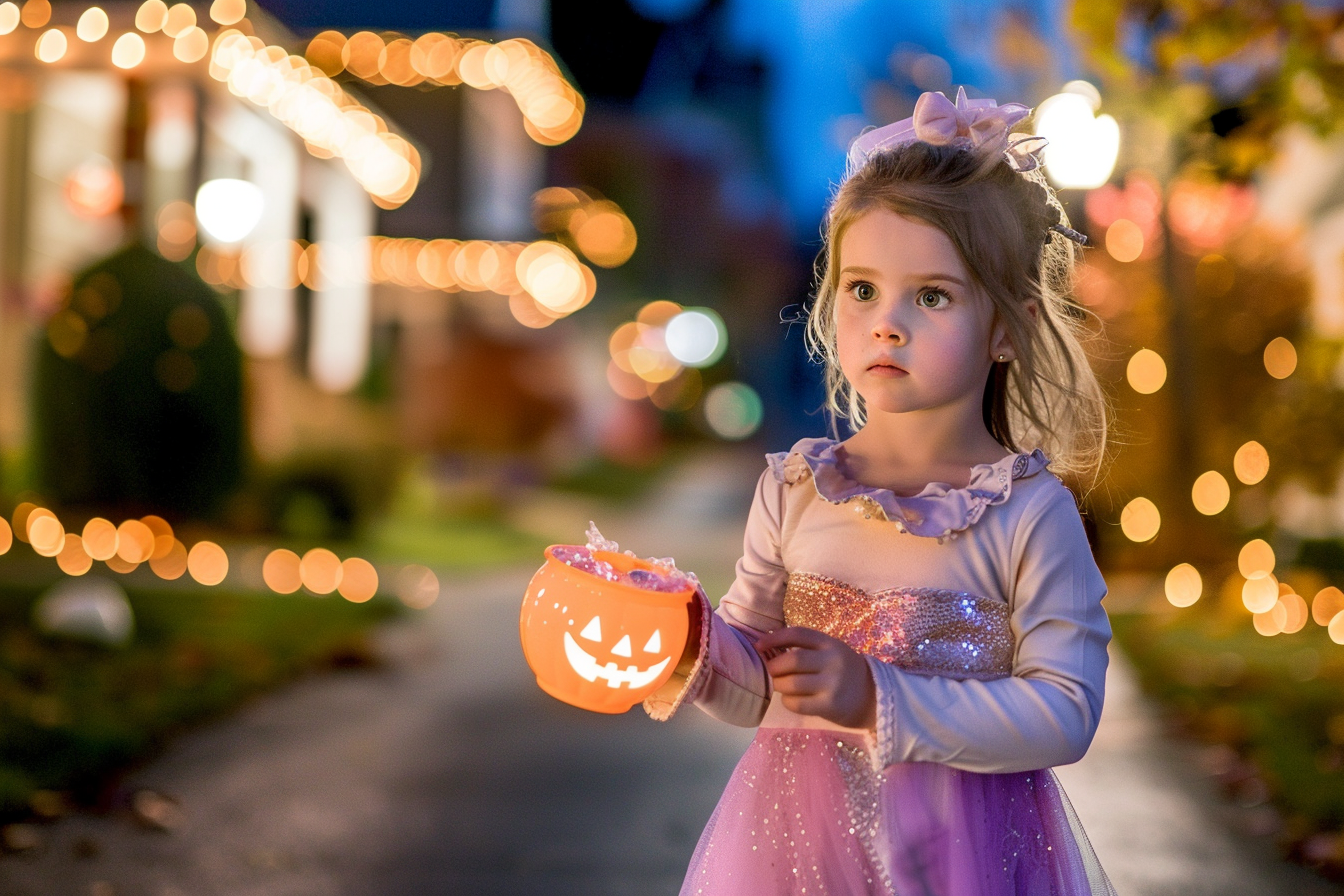 Image gratuite Fille princesse, bonbons, maisons décorées, rue éclairée 1