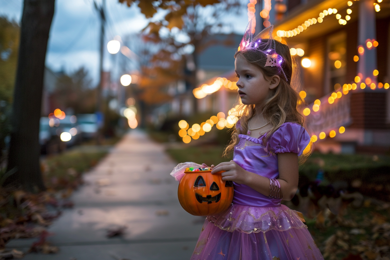 Image gratuite Fille princesse, bonbons, maisons décorées, rue éclairée 2