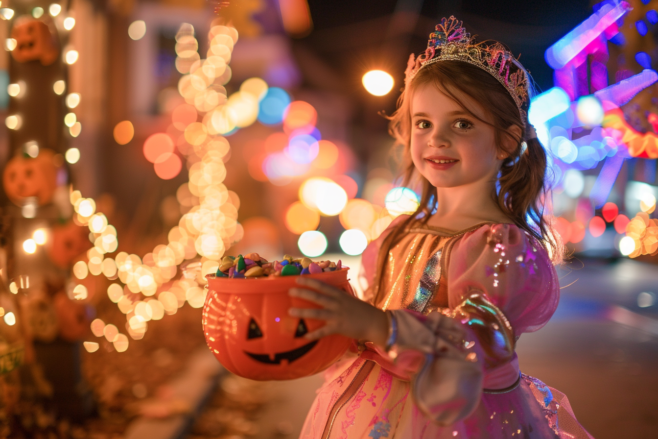 Image gratuite Fille princesse, bonbons, maisons décorées, rue éclairée 5