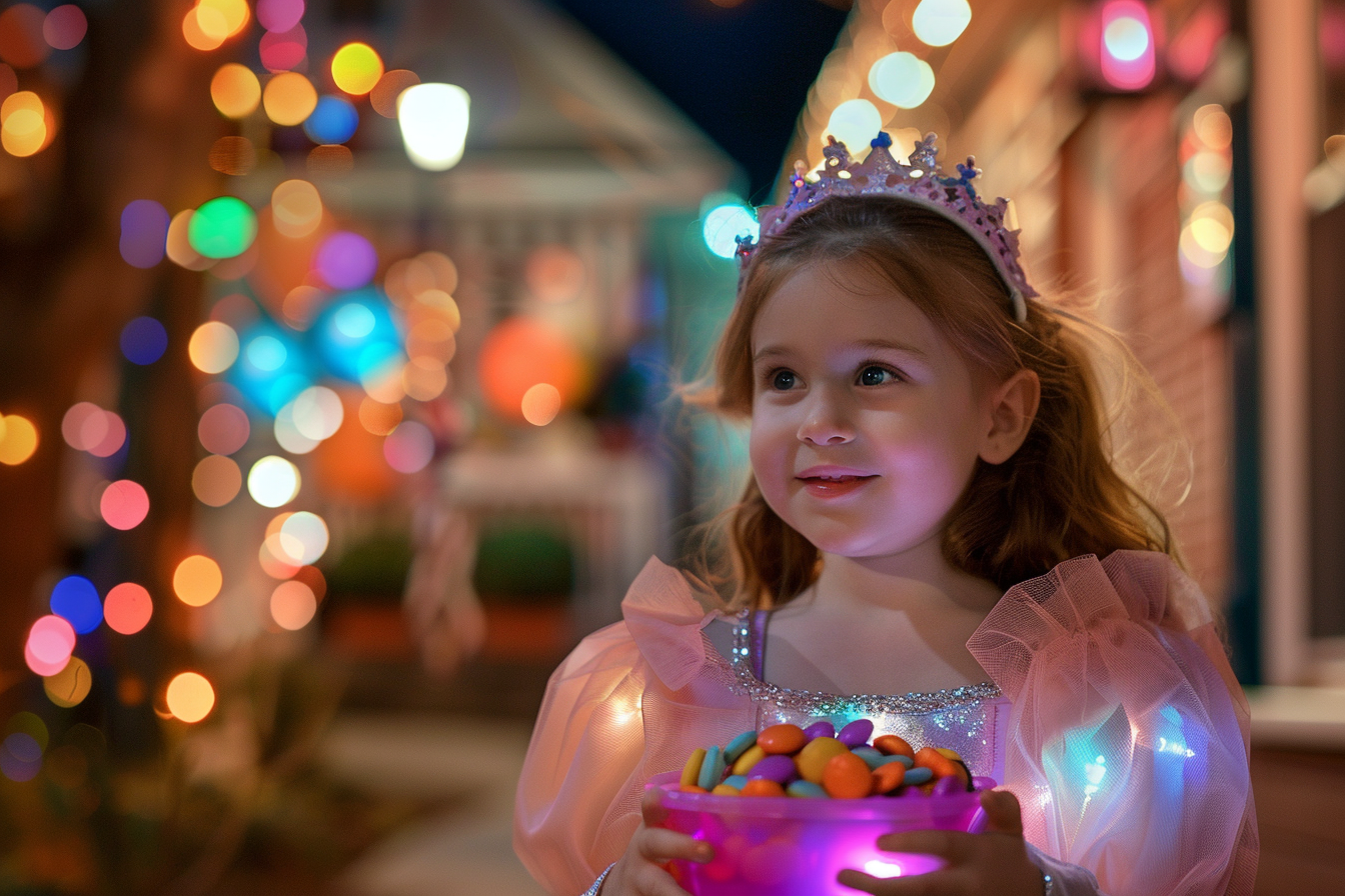 Image gratuite Fille princesse, bonbons, maisons décorées, rue éclairée 6