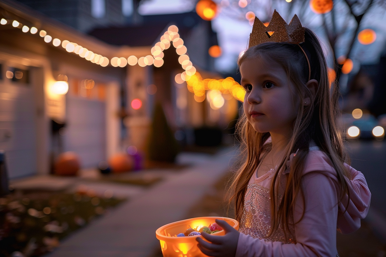 Image gratuite Fille princesse, bonbons, maisons décorées, rue éclairée 7