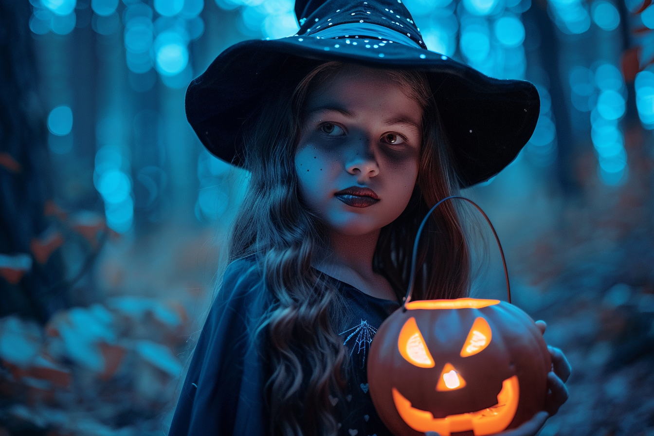 Image gratuite Fille sorcière, lanterne citrouille, forêt, nuit 1