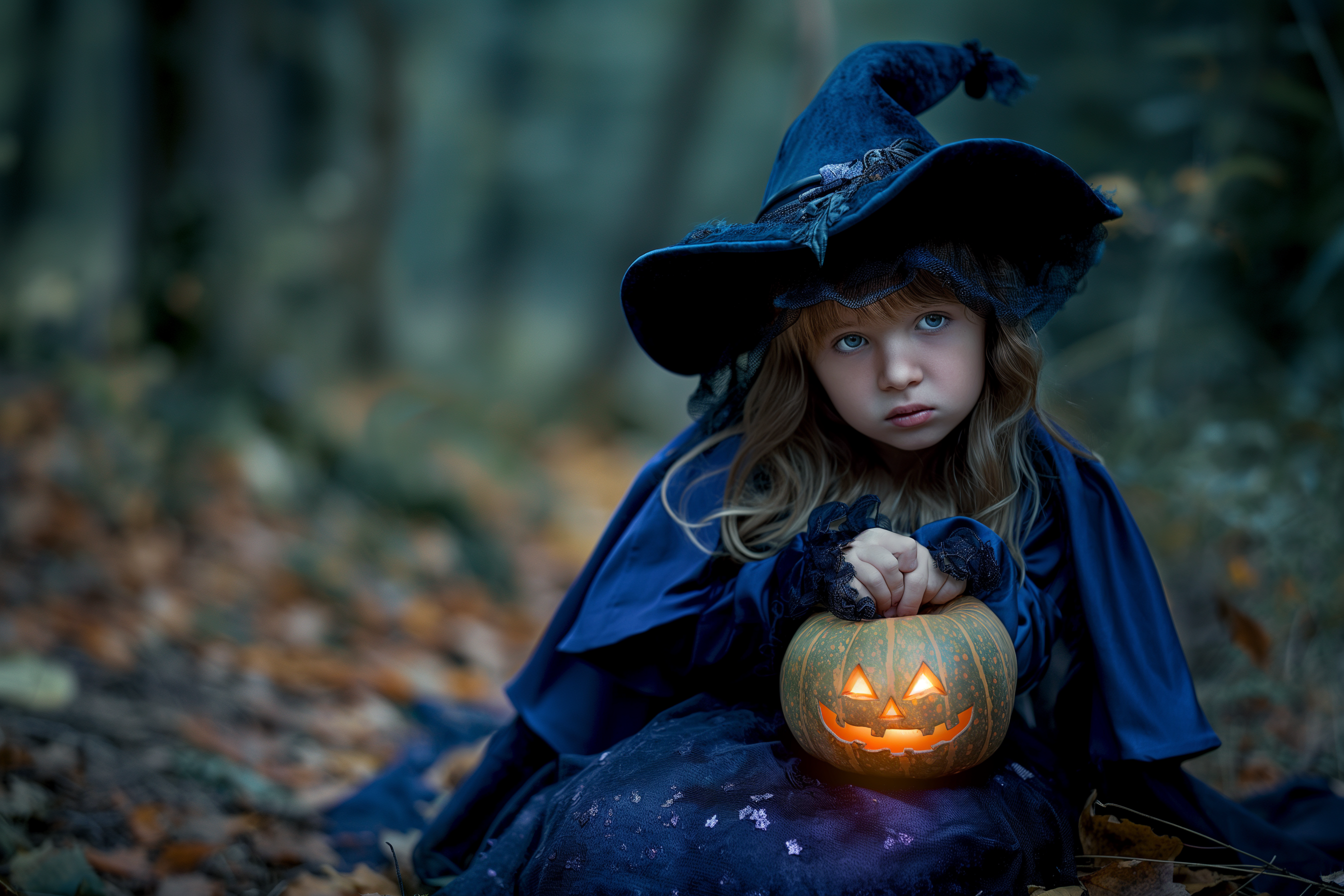 Image gratuite Fille sorcière, lanterne citrouille, forêt, nuit 2