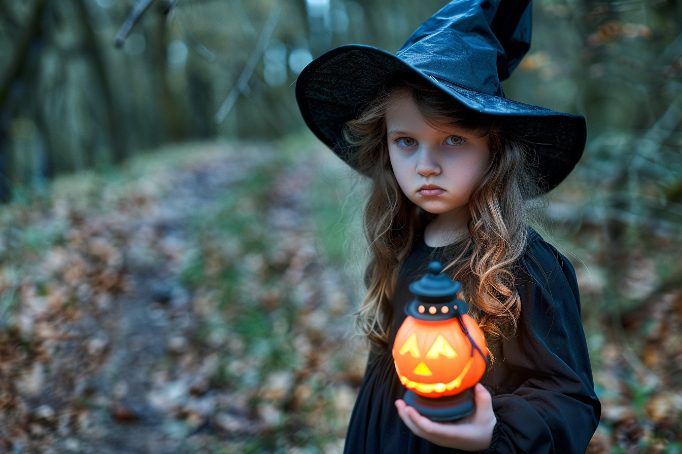 Image gratuite Fille sorcière, lanterne citrouille, forêt, nuit 3