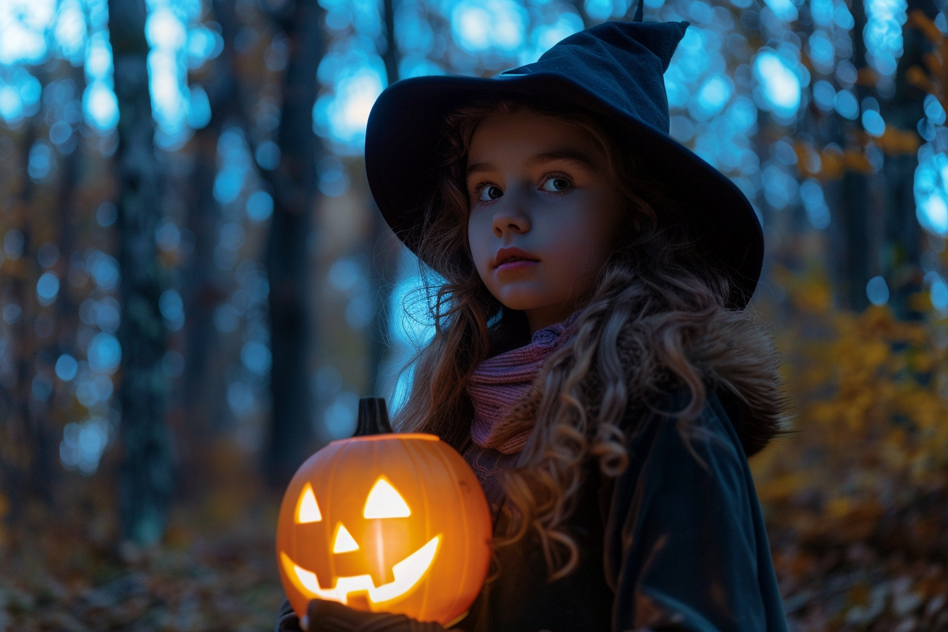 Image gratuite Fille sorcière, lanterne citrouille, forêt, nuit 4