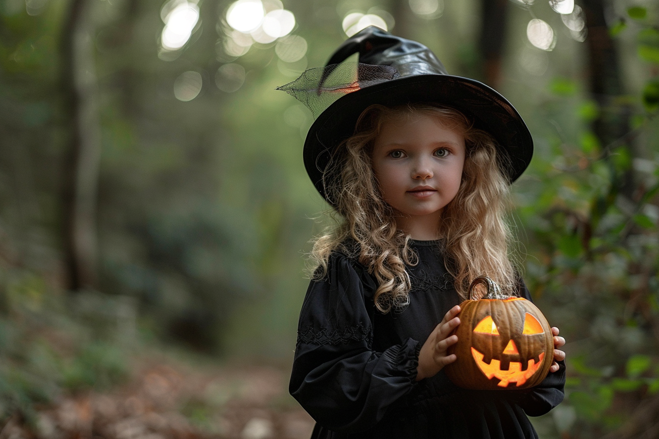 Image gratuite Fille sorcière, lanterne citrouille, forêt, nuit 5