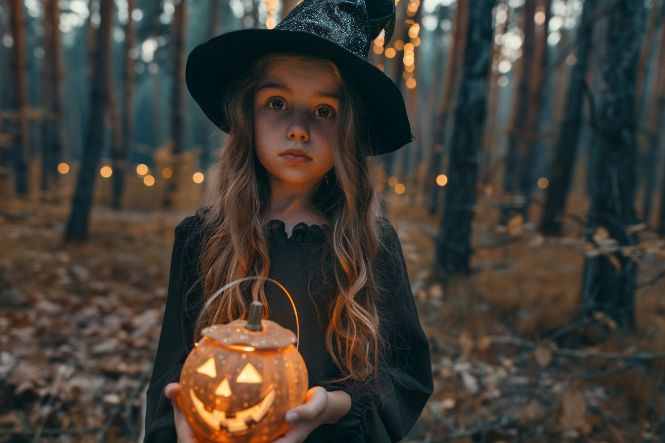 Image gratuite Fille sorcière, lanterne citrouille, forêt, nuit 6