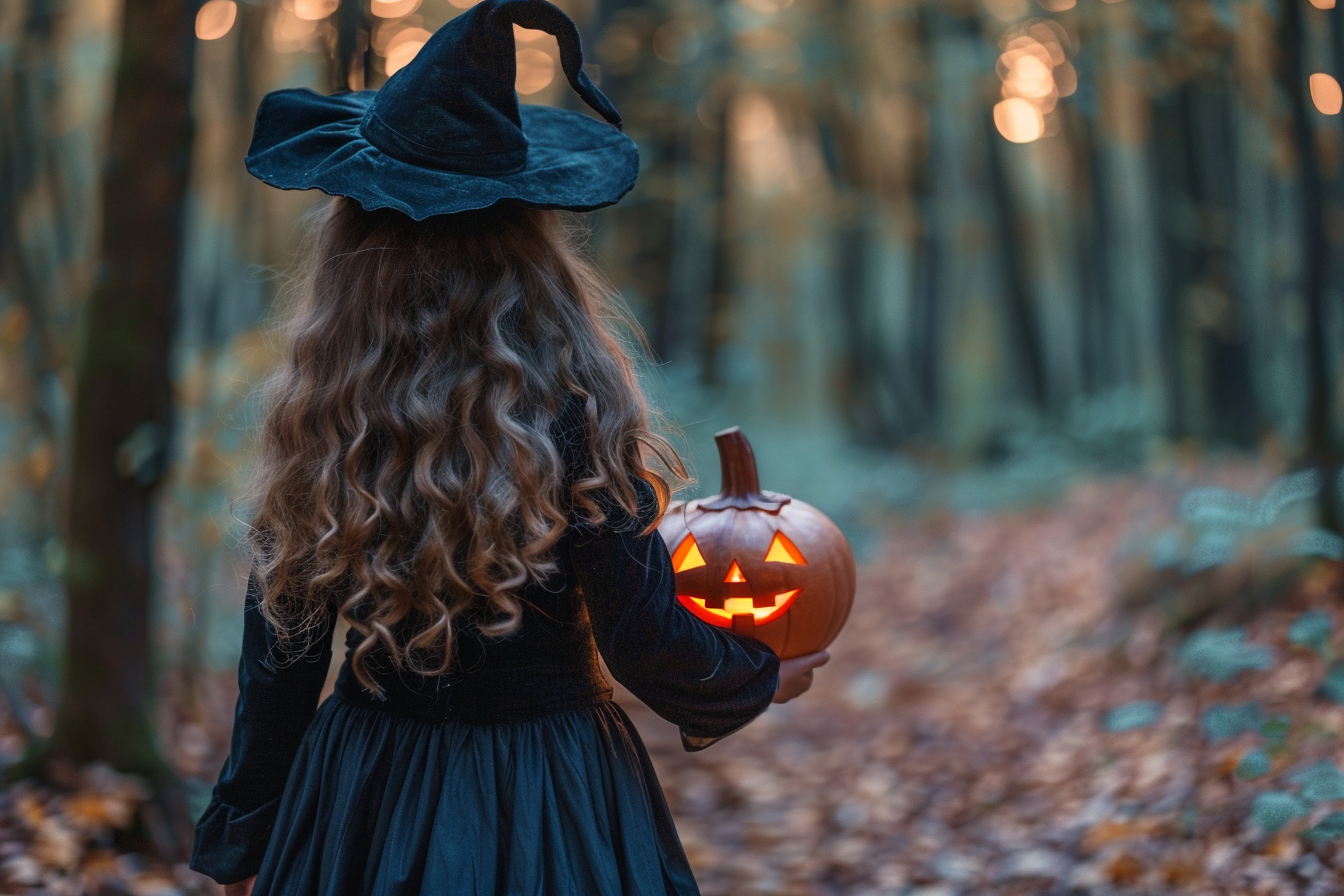 Image gratuite Fille sorcière, lanterne citrouille, forêt, nuit 7