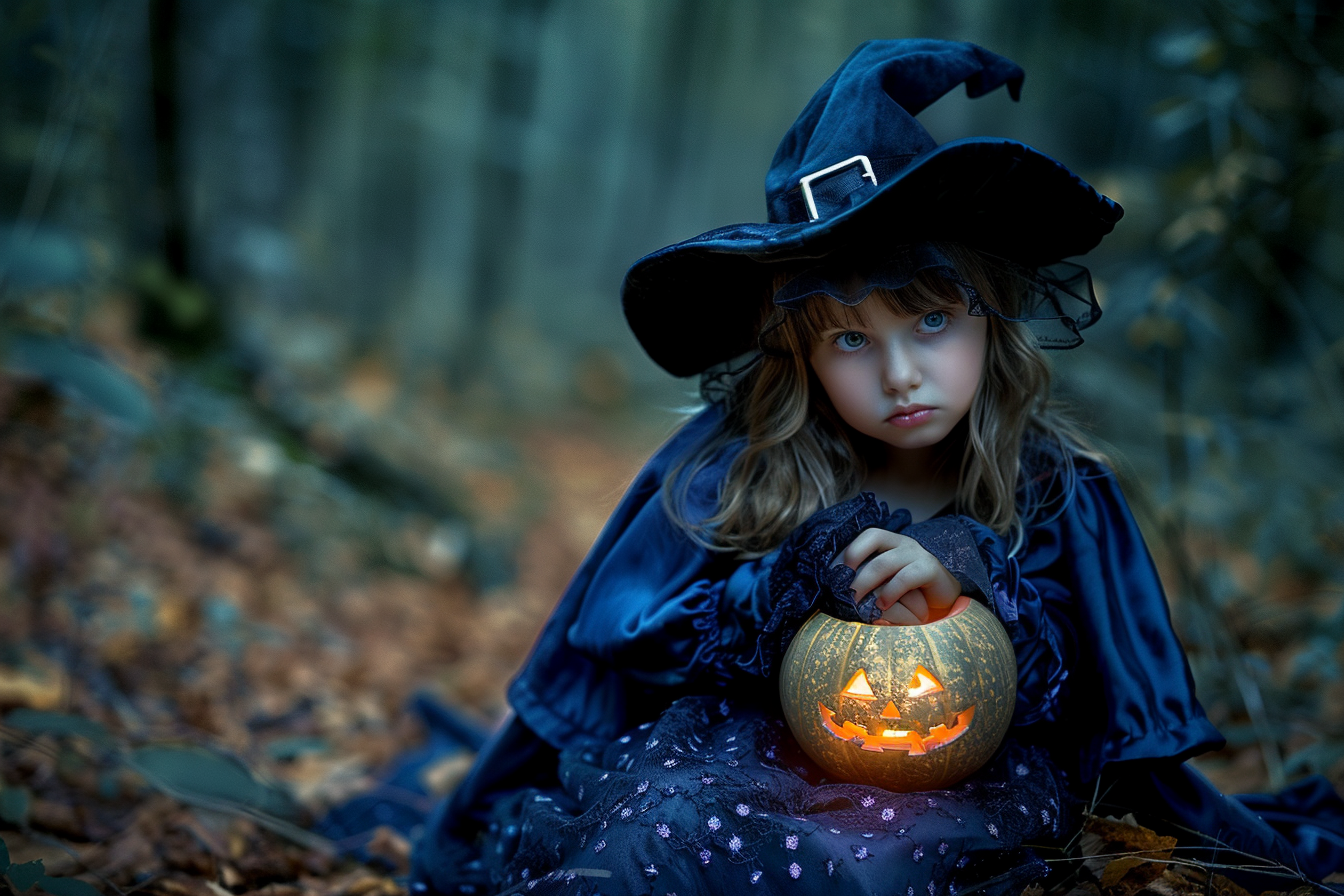 Image gratuite Fille sorcière, lanterne citrouille, forêt, nuit 8