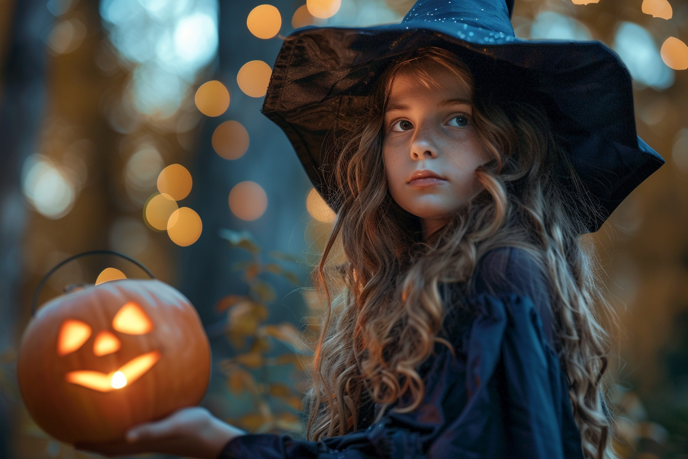Image gratuite Fille sorcière, lanterne citrouille, forêt, nuit 9
