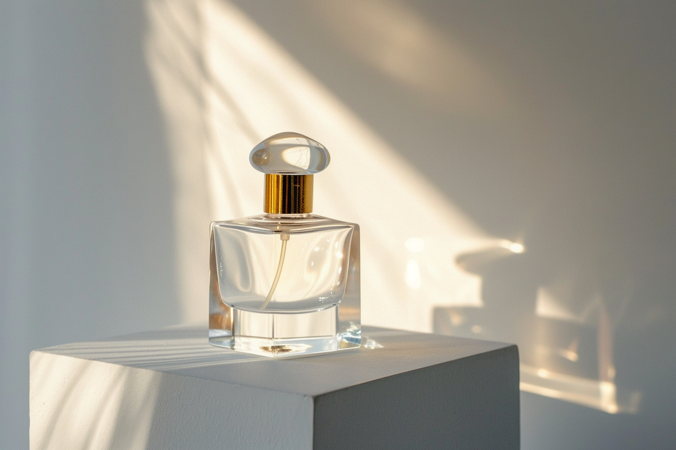 Image gratuite Flacon de parfum en verre sur socle blanc 1