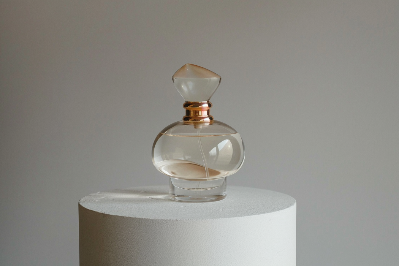 Image gratuite Flacon de parfum en verre sur socle blanc 2