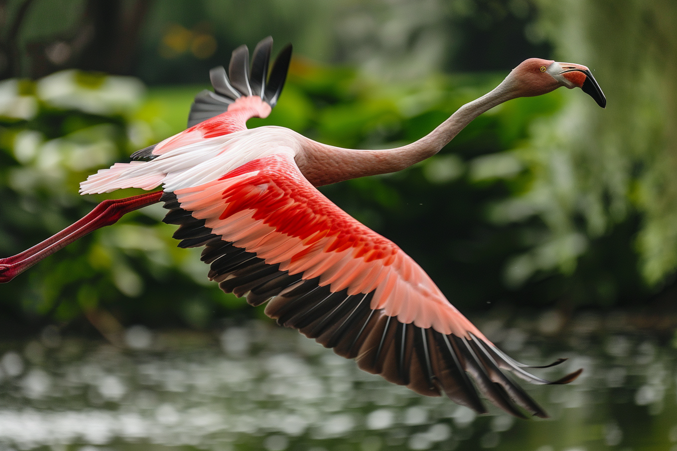 Image gratuite Flamant rose en plein vol au-dessus du marais 1