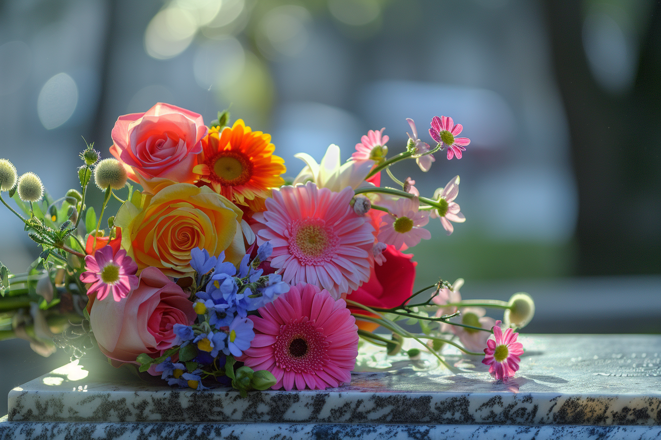 Image gratuite Fleurs élégamment présentées sur une pierre tombale en marbre 2