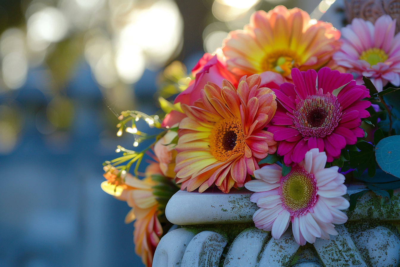 Image gratuite Fleurs élégamment présentées sur une pierre tombale en marbre 3