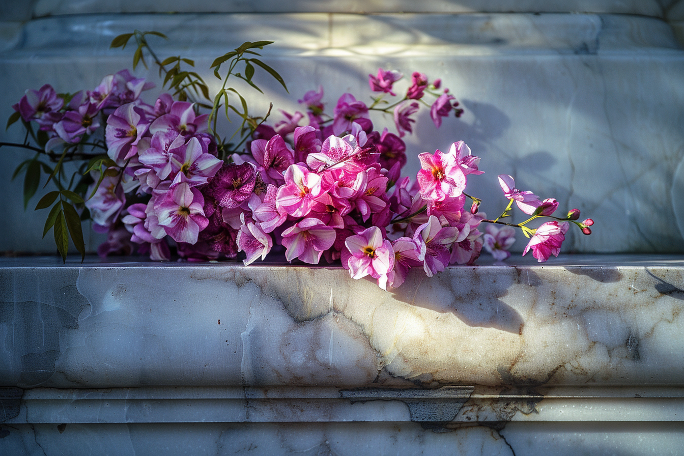 Image gratuite Fleurs élégamment présentées sur une pierre tombale en marbre 4