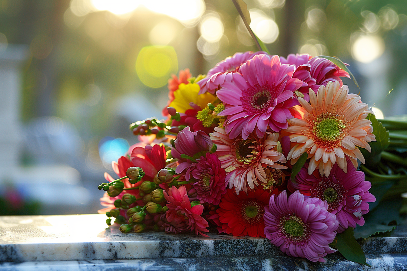 Image gratuite Fleurs sur une pierre tombale en marbre 1