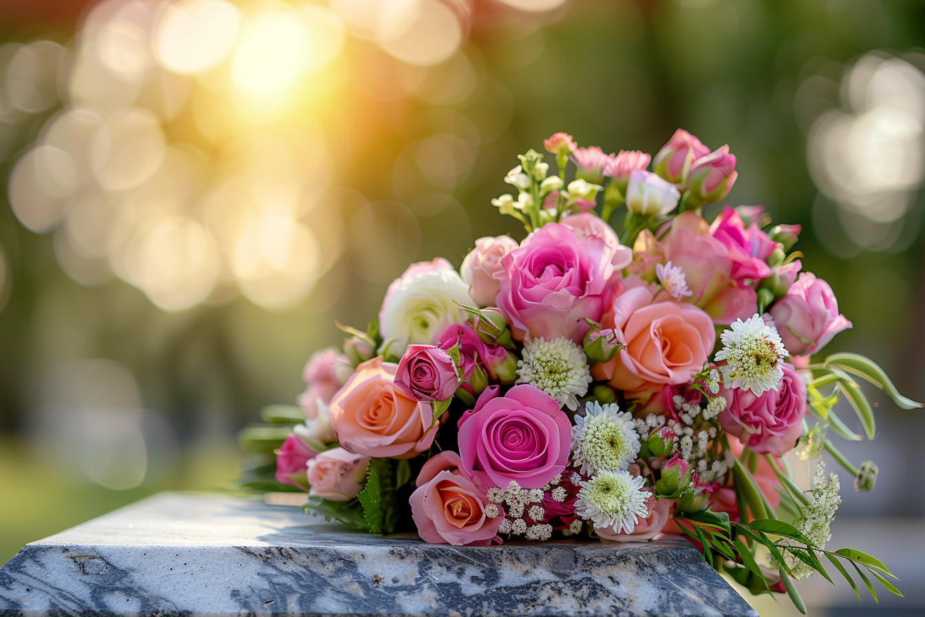 Image gratuite Fleurs sur une pierre tombale en marbre 2