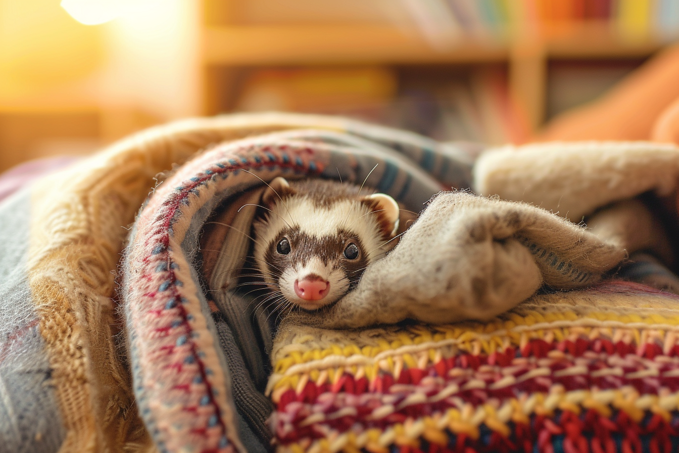 Image gratuite Furet curieux sur pile de couvertures 1