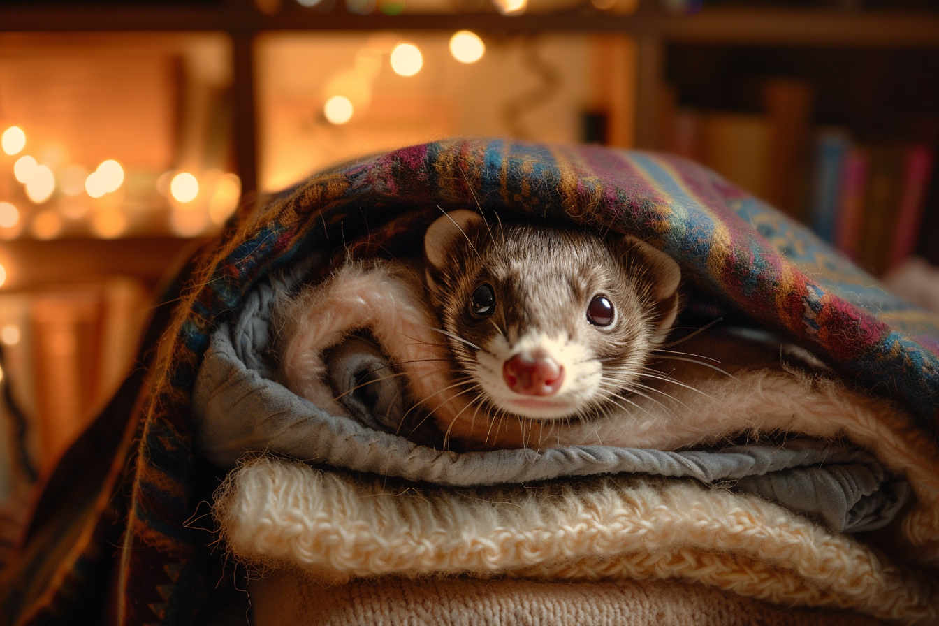Image gratuite Furet curieux sur pile de couvertures 2