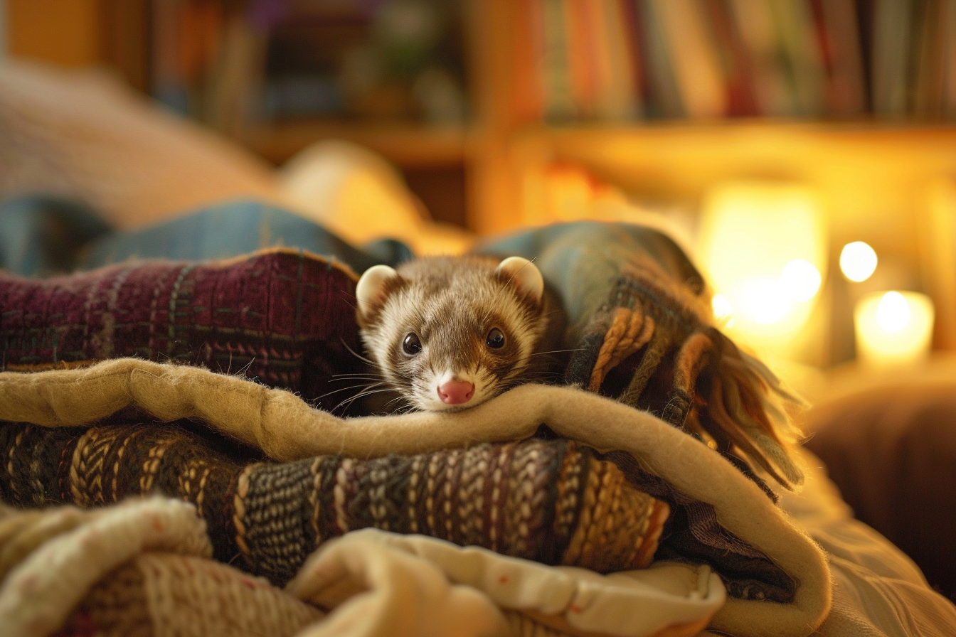Image gratuite Furet curieux sur pile de couvertures 3