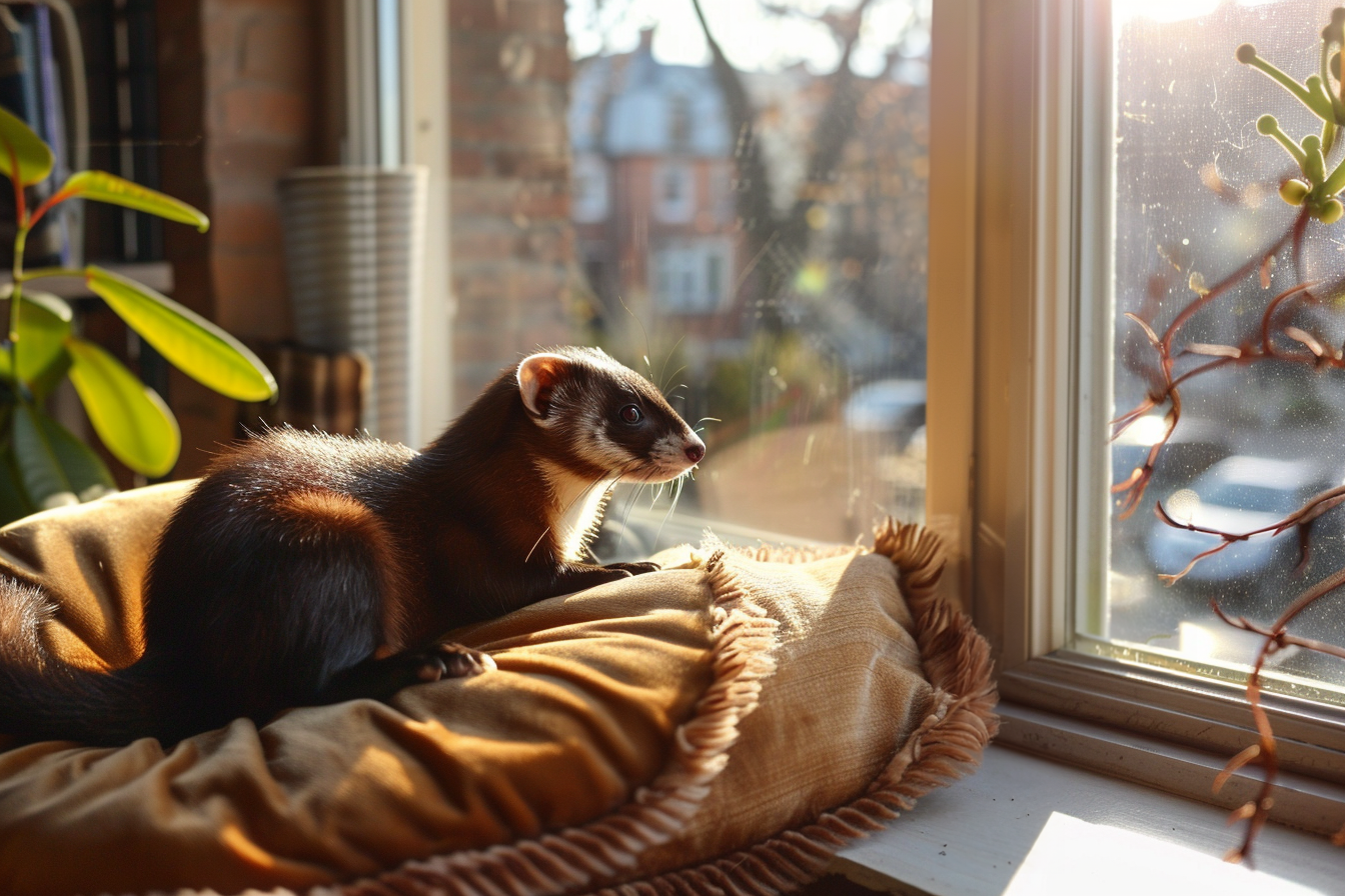 Image gratuite Furet sur coussin dans baie vitrée 2