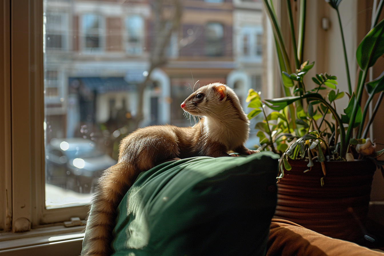 Image gratuite Furet sur coussin dans baie vitrée 3