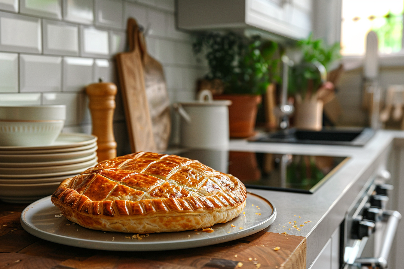 Image gratuite Galette des Rois sur comptoir cuisine dans décor contemporain 1