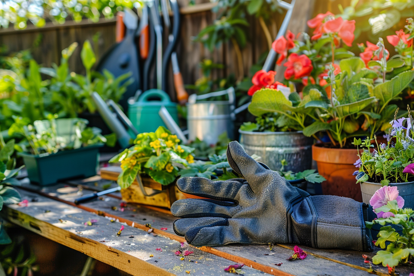 Image gratuite Gants de jardinage sur banc de rempotage 1