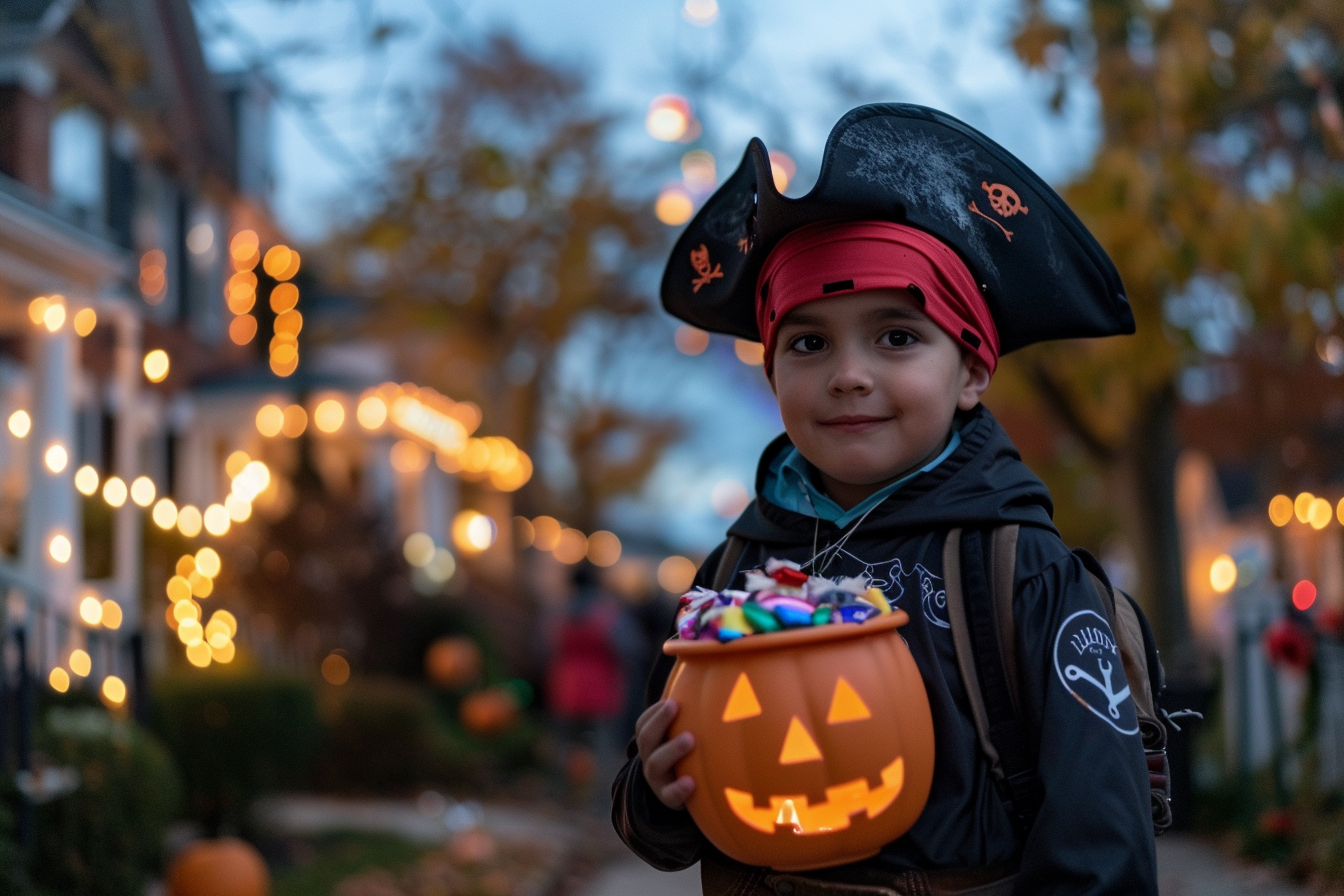 Image gratuite Garçon, costume pirate, seau citrouille bonbons, quartier décoré 1