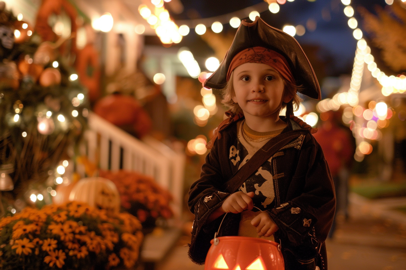 Image gratuite Garçon, costume pirate, seau citrouille bonbons, quartier décoré 2