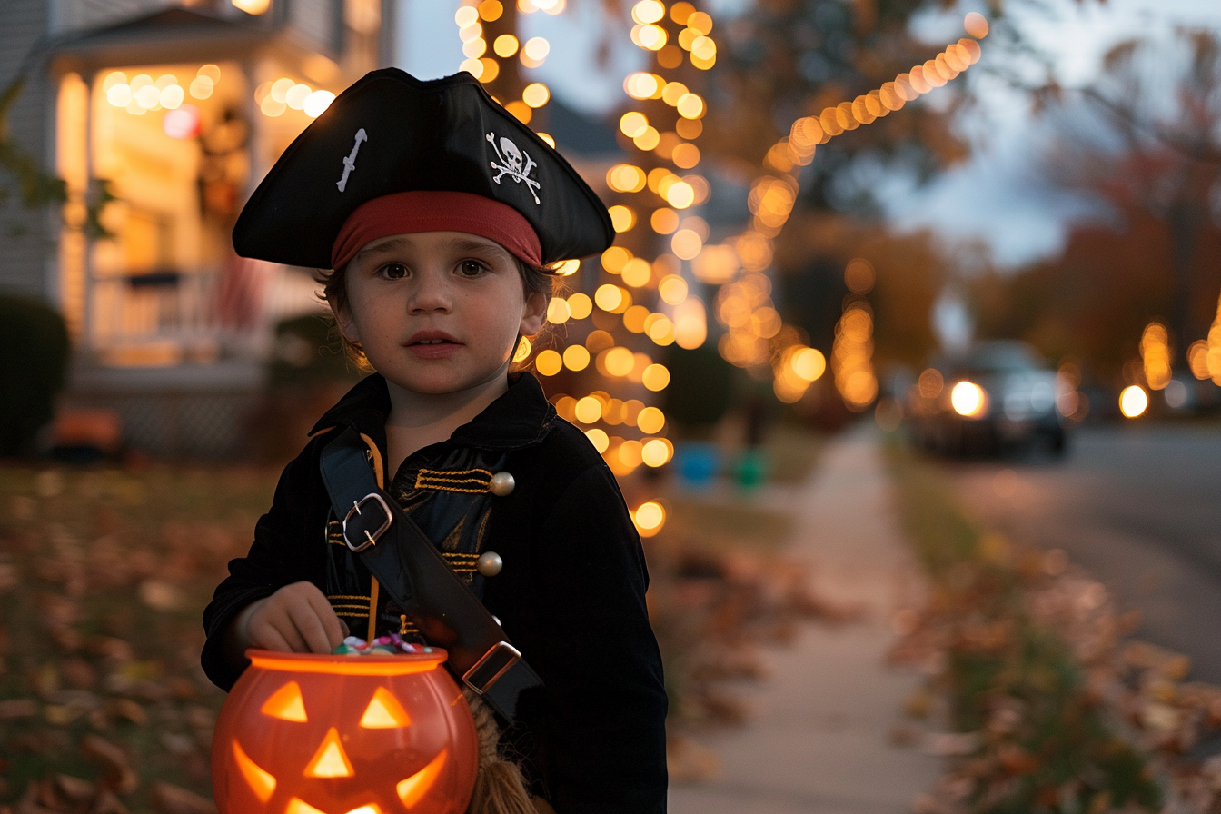 Image gratuite Garçon, costume pirate, seau citrouille bonbons, quartier décoré 3