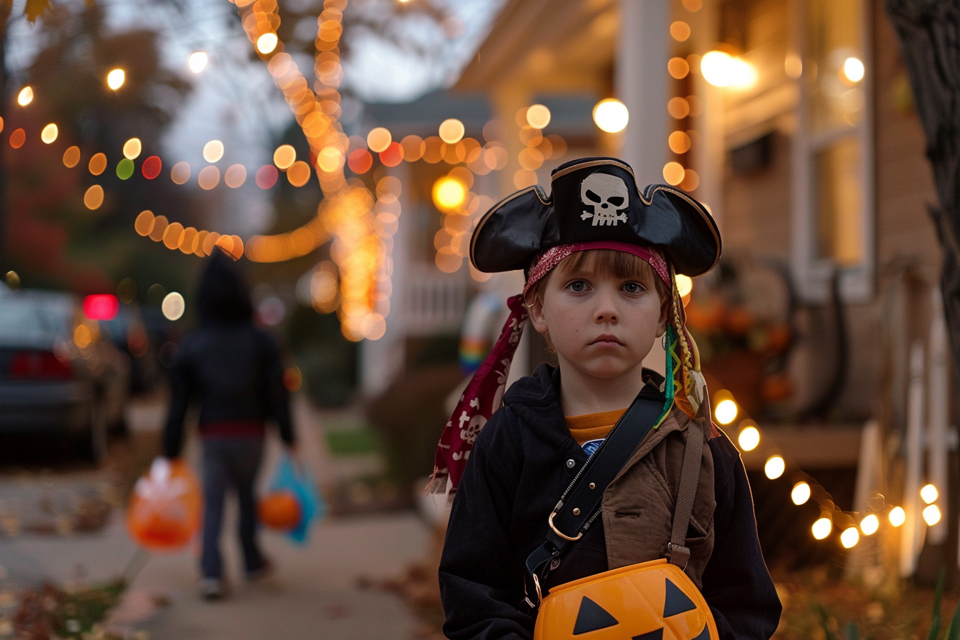 Image gratuite Garçon, costume pirate, seau citrouille bonbons, quartier décoré 4