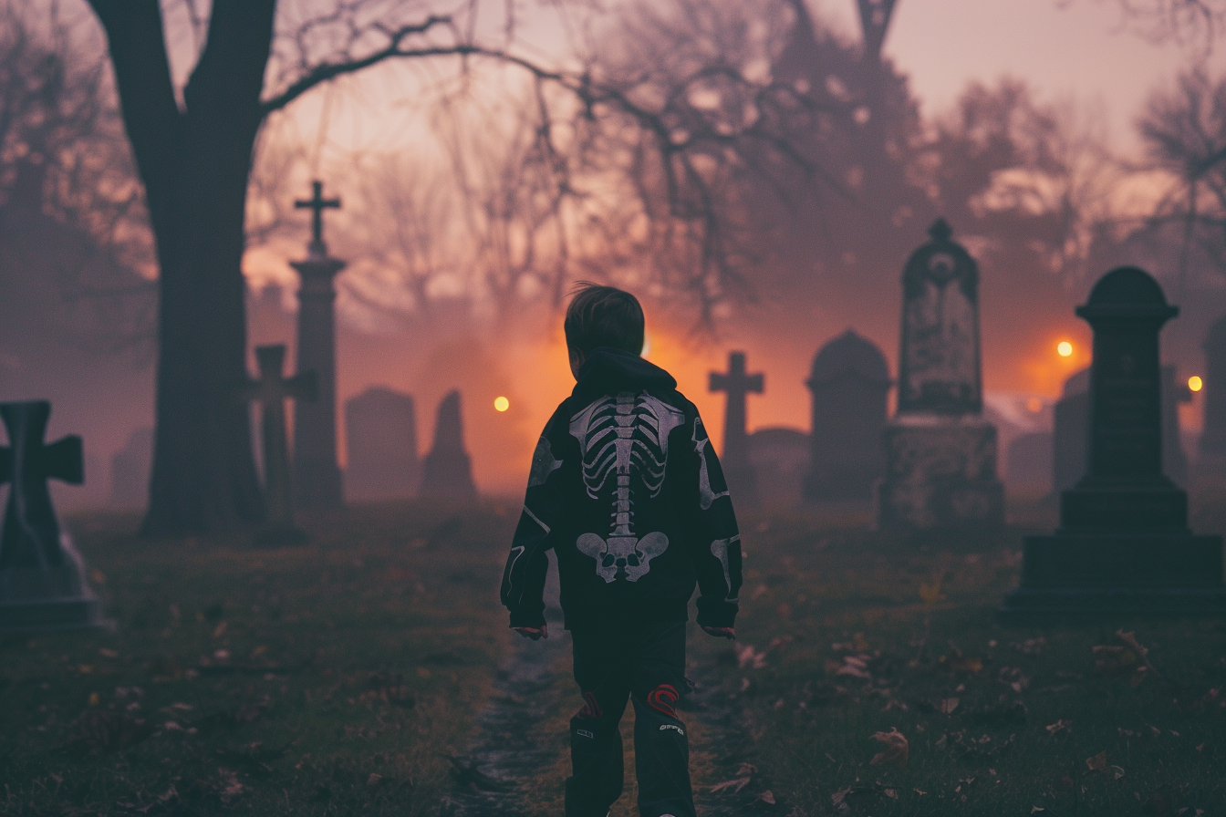 Image gratuite Garçon, costume squelette, cimetière, brouillard, lugubre 1