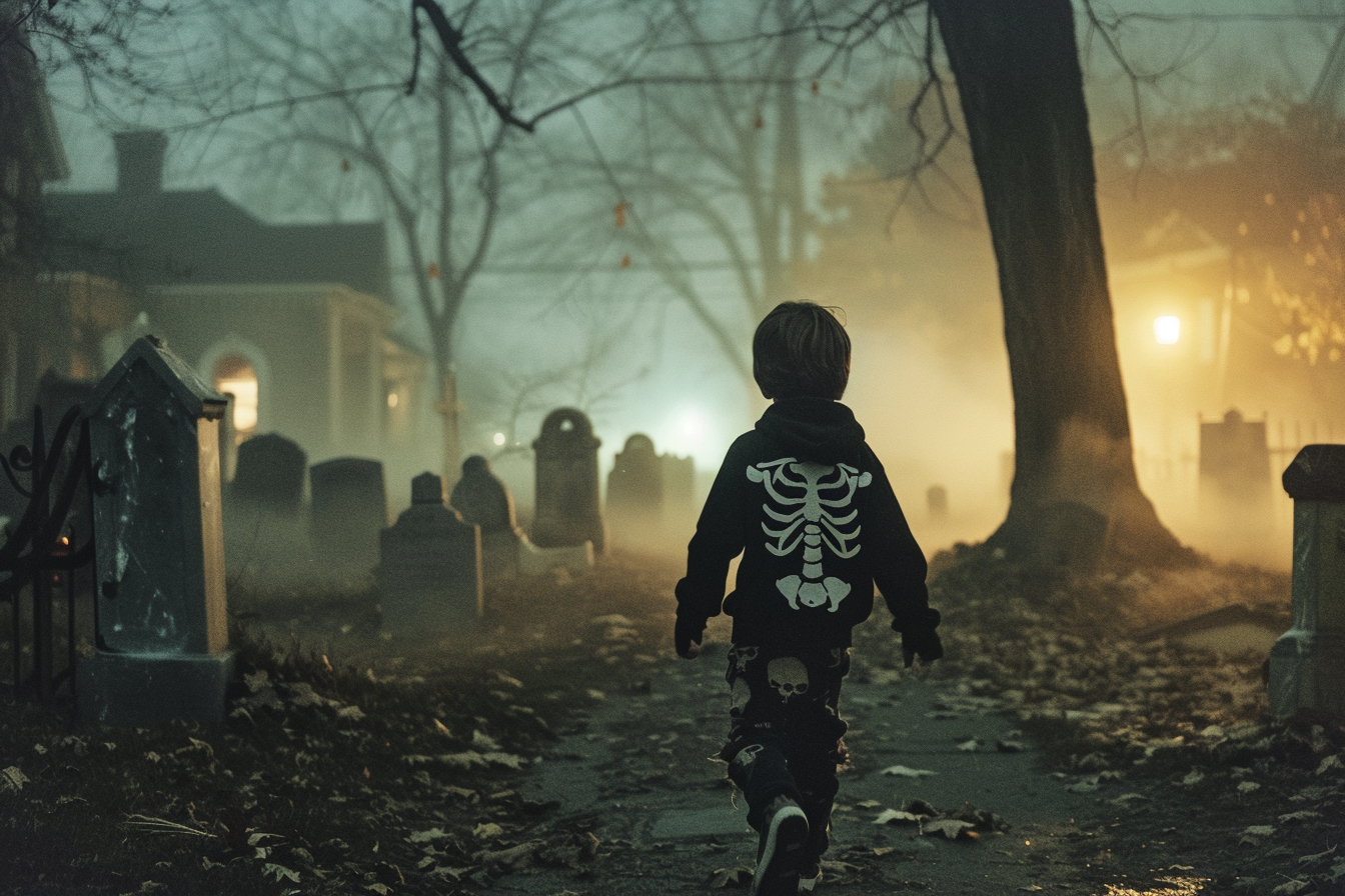 Image gratuite Garçon, costume squelette, cimetière, brouillard, lugubre 2