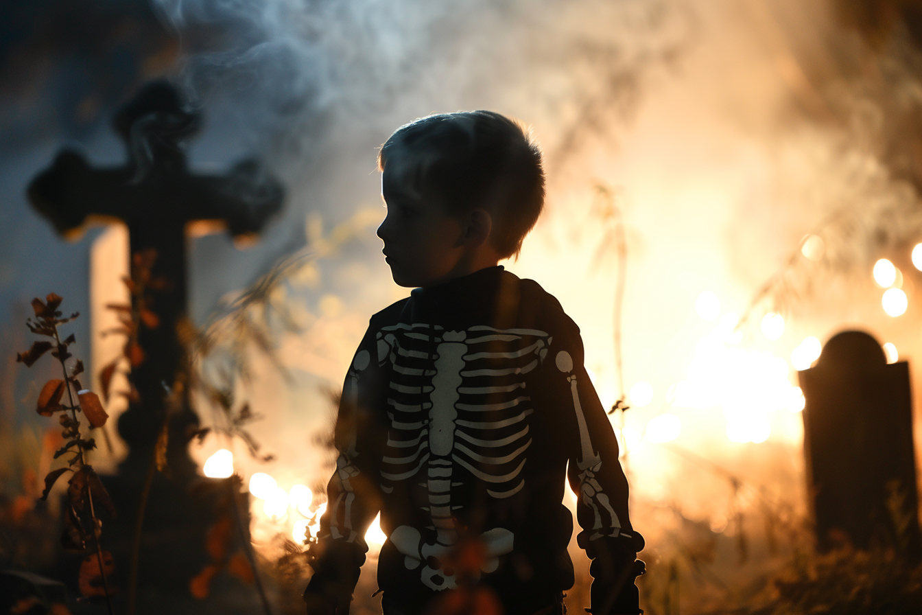 Image gratuite Garçon, costume squelette, cimetière, brouillard, lugubre 3