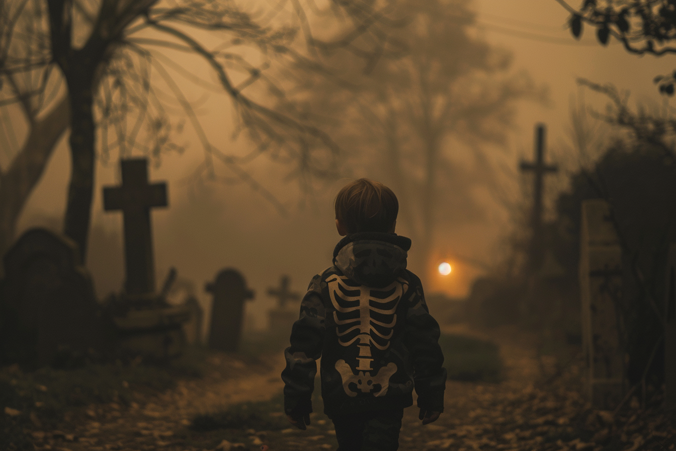 Image gratuite Garçon, costume squelette, cimetière, brouillard, lugubre 4