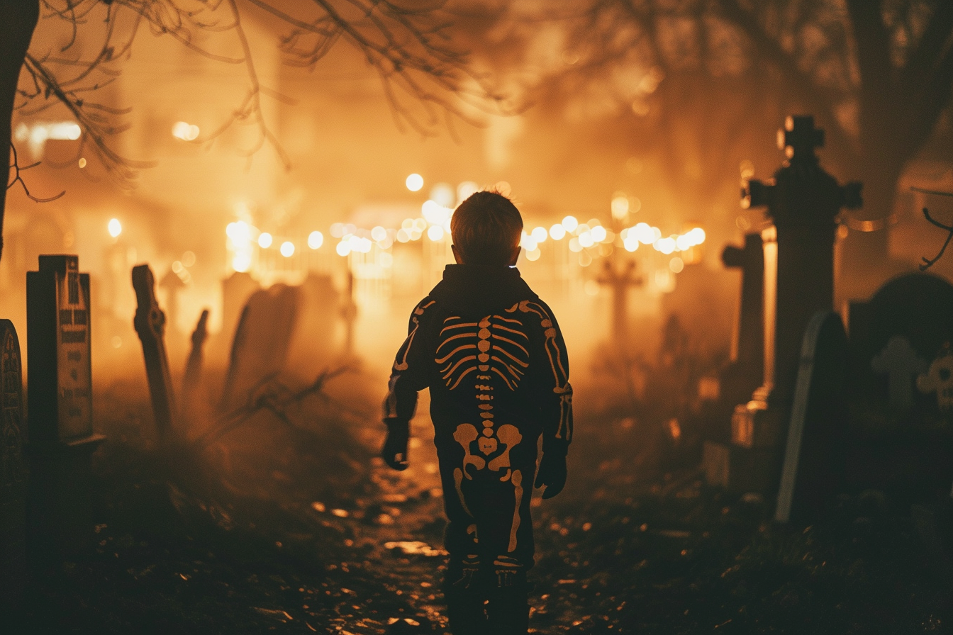 Image gratuite Garçon, costume squelette, cimetière, brouillard, lugubre 5