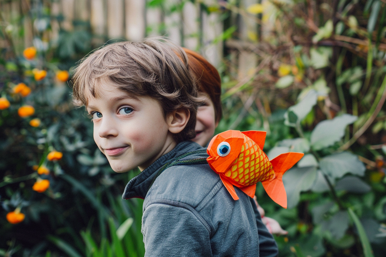 Image gratuite Garçon discret, poisson papier dos ami, jardin 1