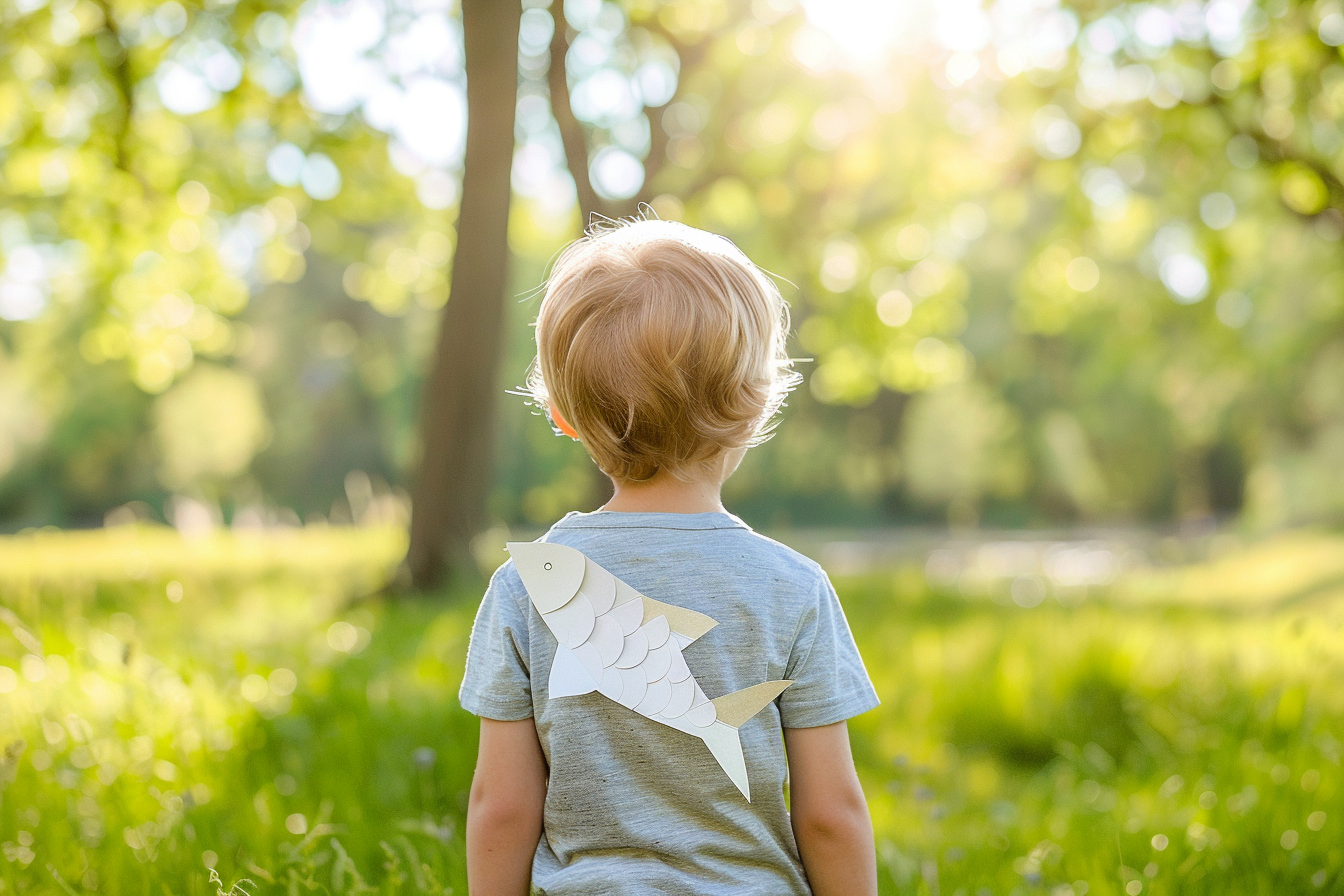 Image gratuite Garçon dos, poisson papier, jouant parc ensoleillé 1