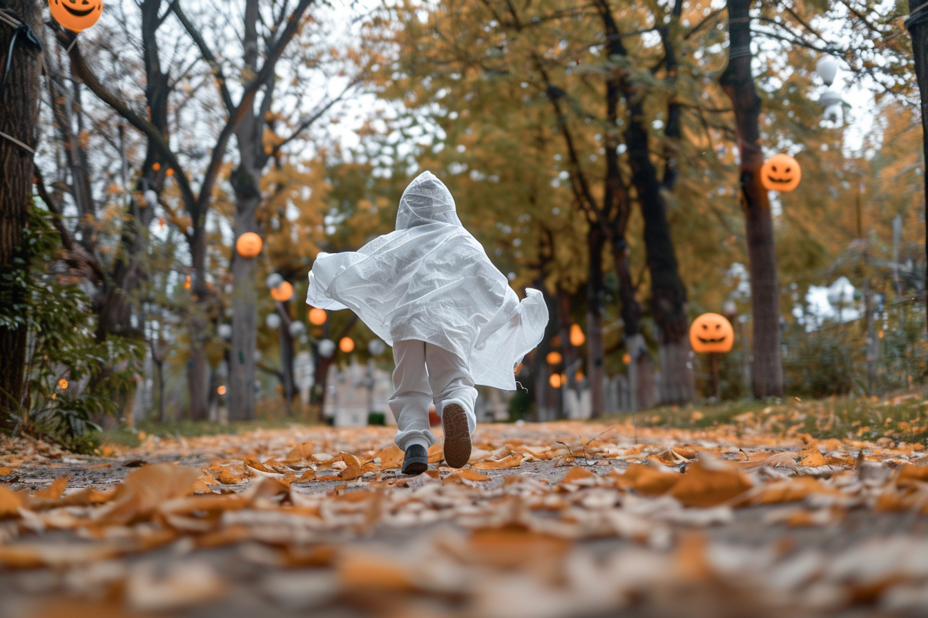 Image gratuite Garçon fantôme, courant, parc, feuilles, décorations 1