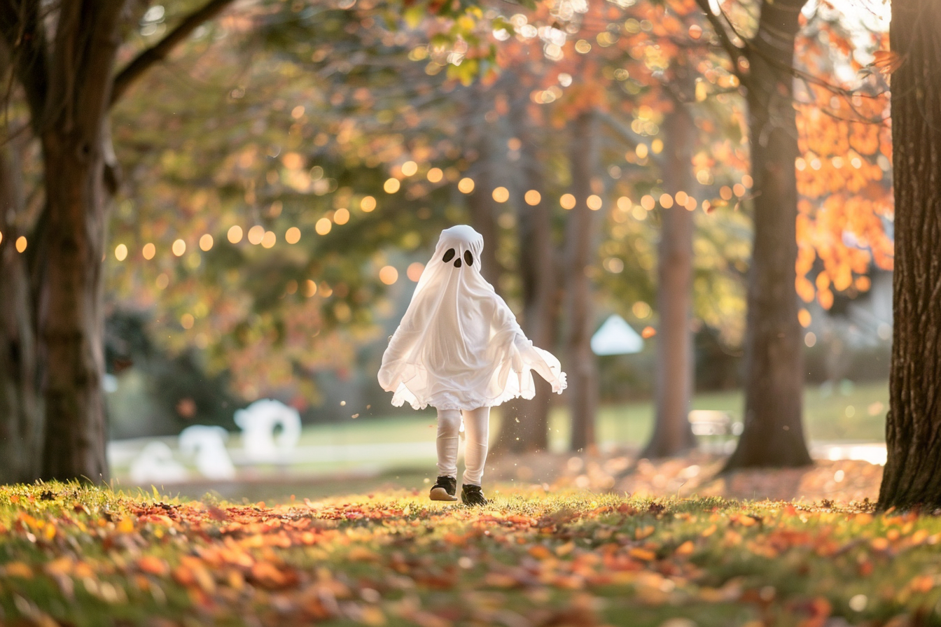 Image gratuite Garçon fantôme, courant, parc, feuilles, décorations 2