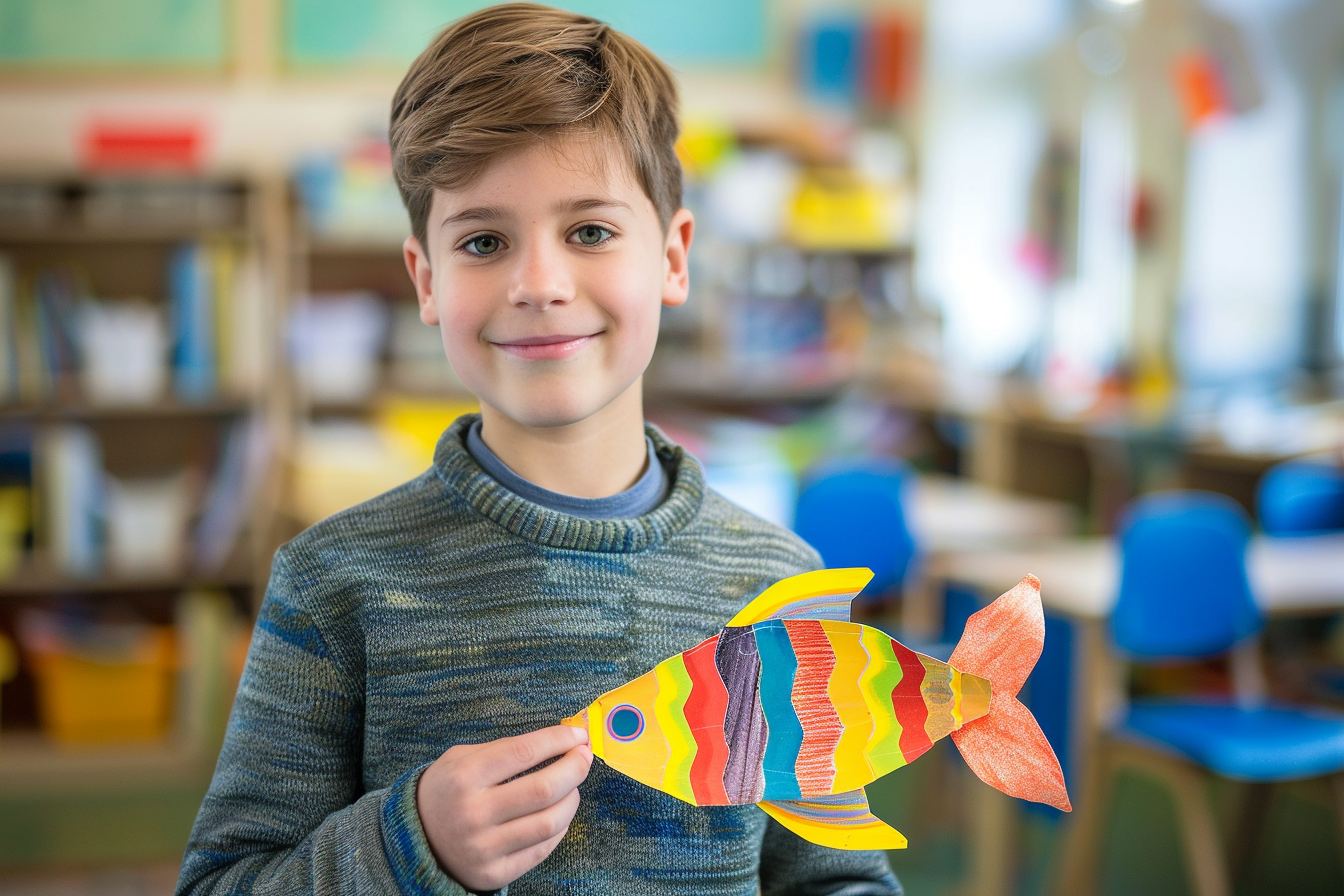Image gratuite Garçon fier, poisson papier coloré, cours art, classe lumineuse 1