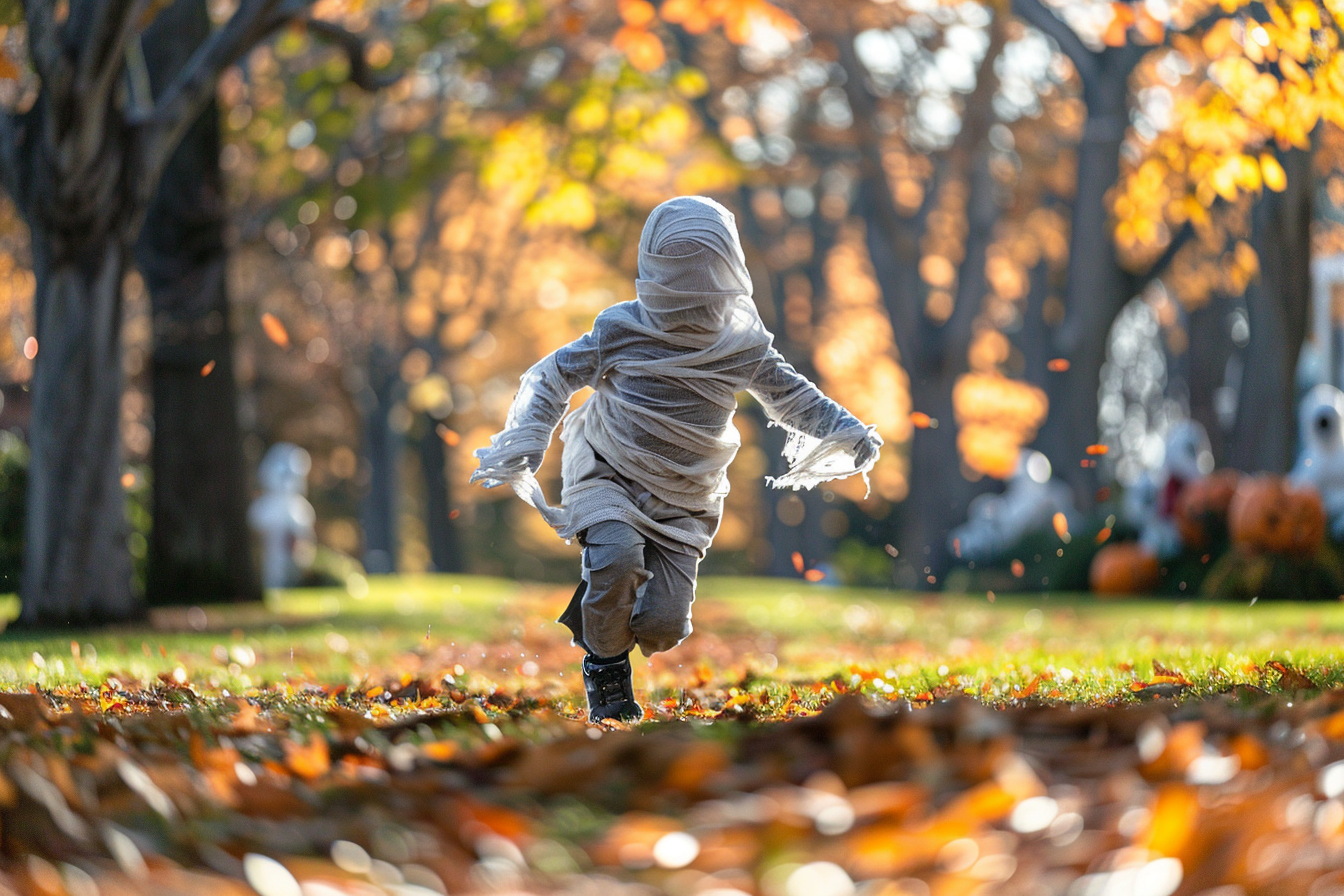Image gratuite Garçon momie, courant, parc, feuilles, décorations 1
