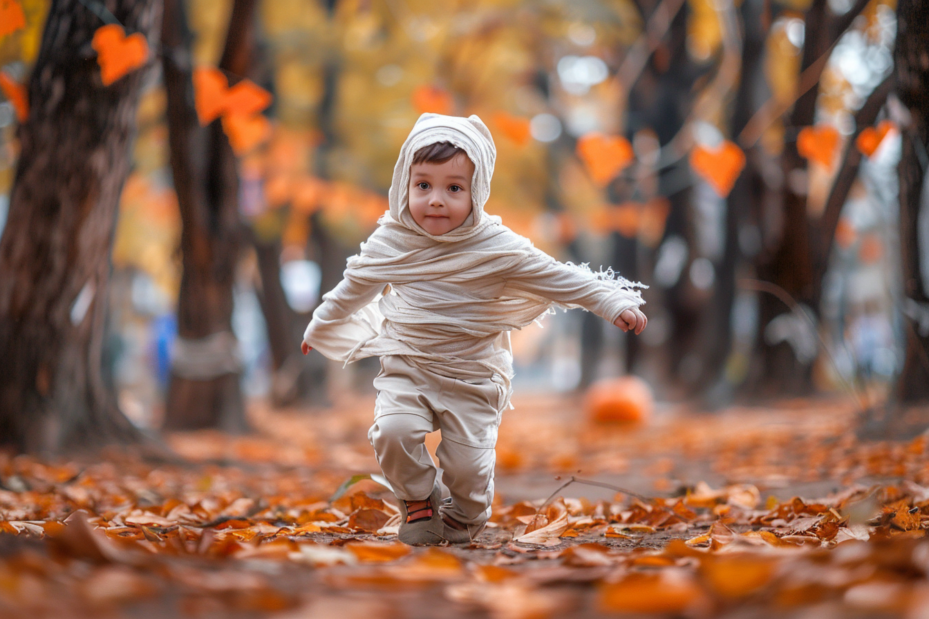 Image gratuite Garçon momie, courant, parc, feuilles, décorations 2