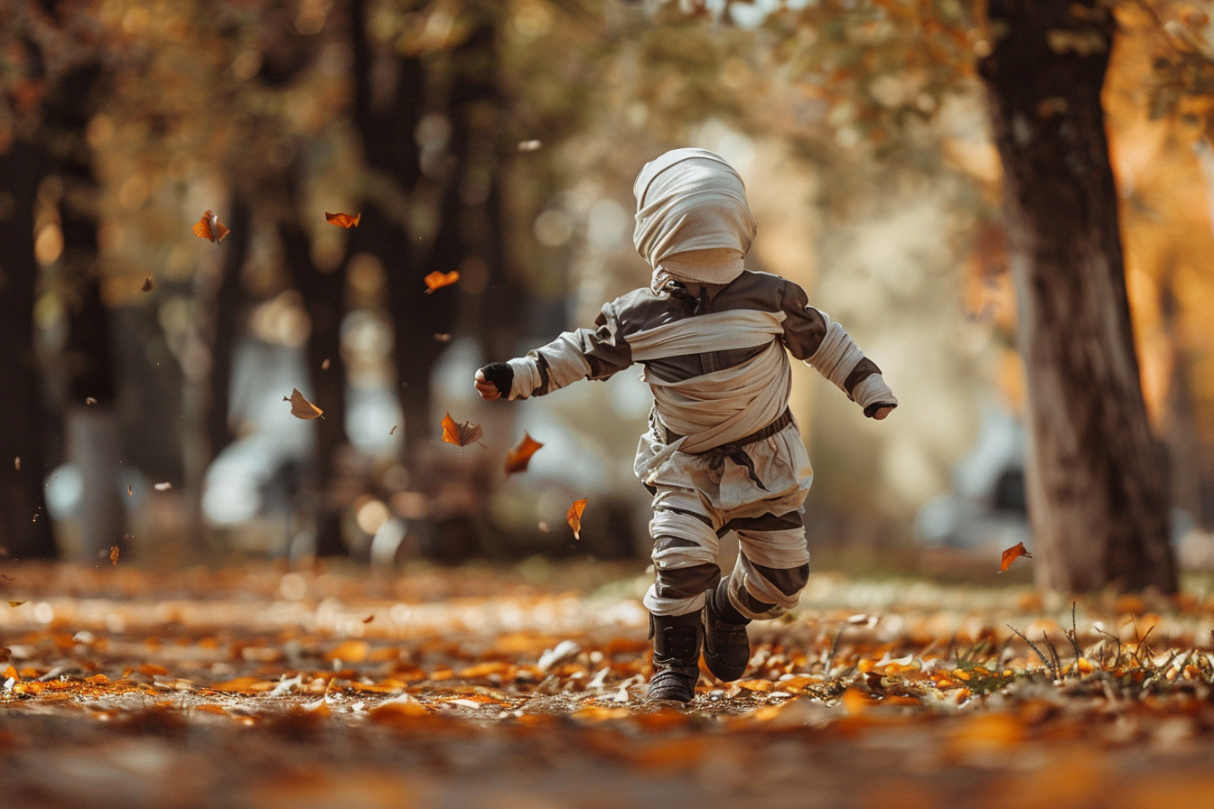 Image gratuite Garçon momie, courant, parc, feuilles, décorations 3