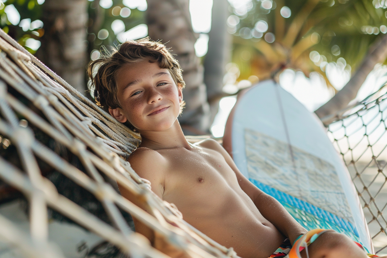 Image gratuite Garçon se reposant sur un hamac à la plage 4