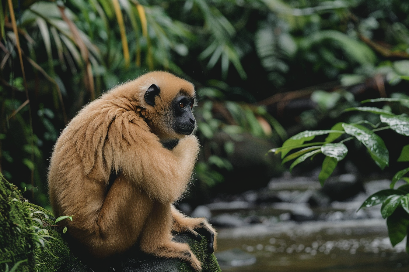 Image gratuite Gibbon contemplatif près d&rsquo;un ruisseau 1