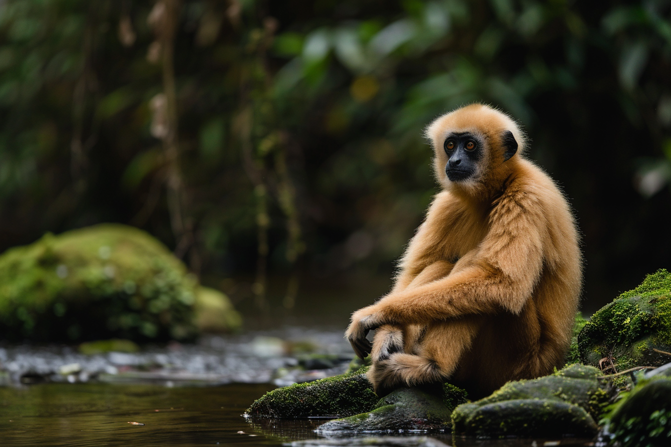 Image gratuite Gibbon contemplatif près d&rsquo;un ruisseau 2